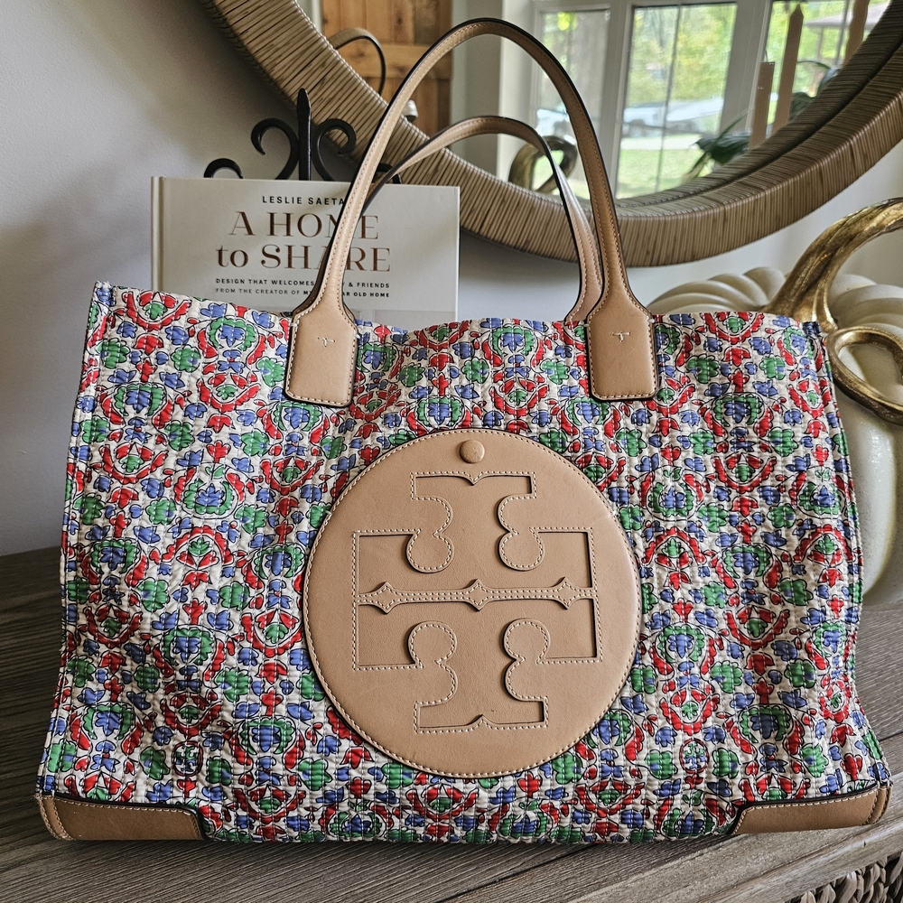 Tory Burch Colorful Floral Tote LARGE QUILTED FLORAL ELLA DESIGN